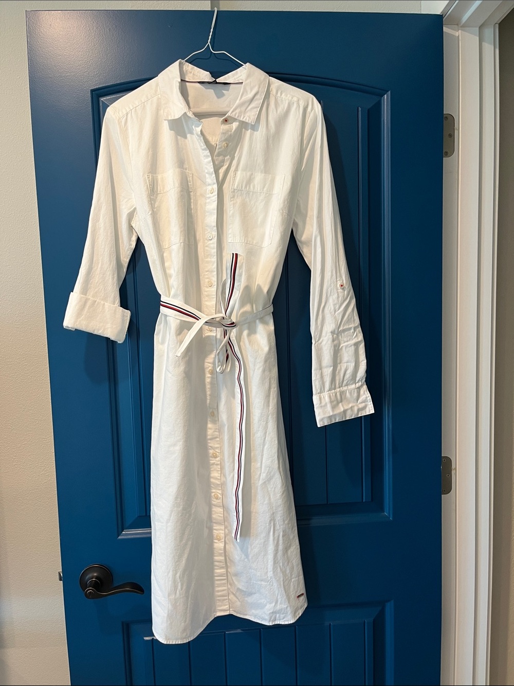 Tommy Hilfiger White Midi Shirt Dress with Striped Tie Belt